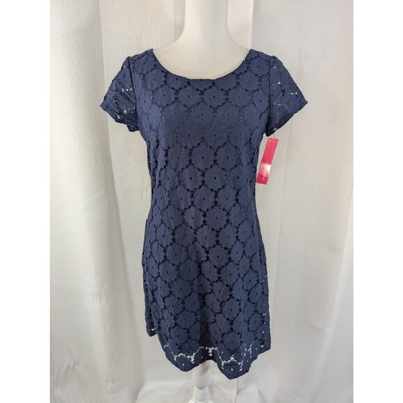 NWT! XHILERATION! NAVY BLUE STRETCH LACE OVER BLUE, BACK GOLD ZIPPER DRESS! SZ M - Picture 2 of 10